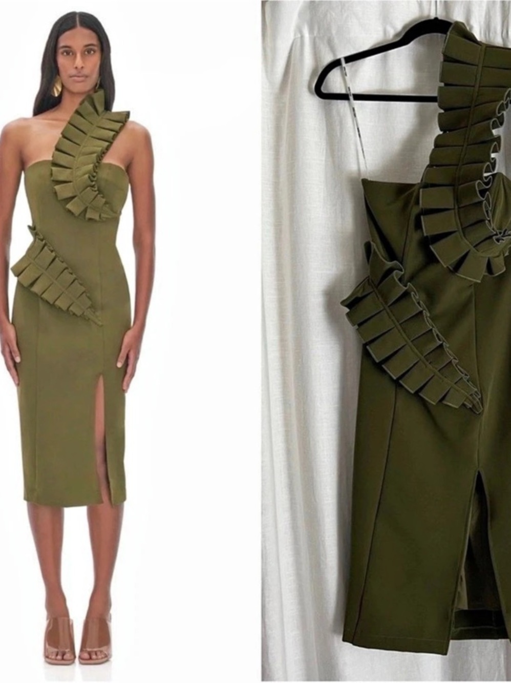 Andrea Iyamah Kamala Midi Dress Olive Asymmetrical Size Small